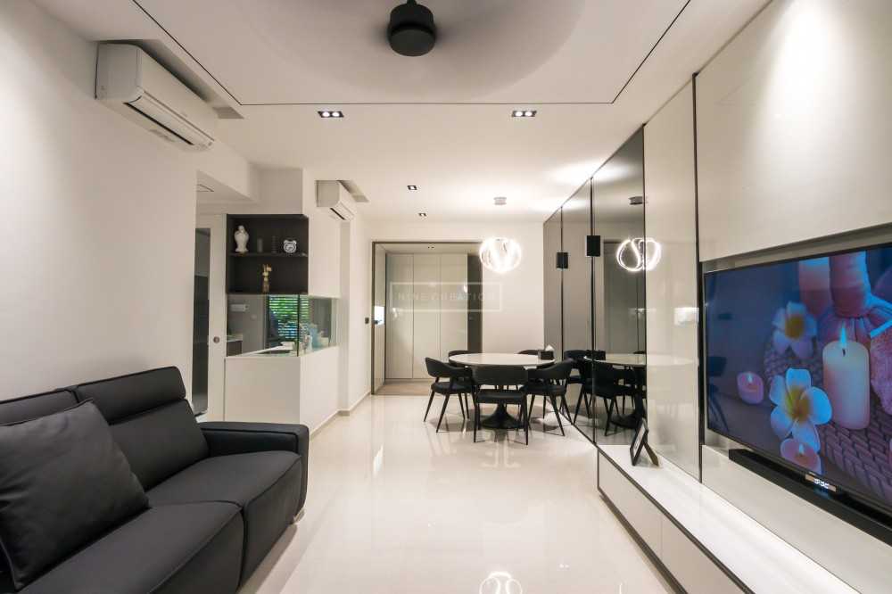 Contemporary Living Room with Homogeneous Tiles and TV Console