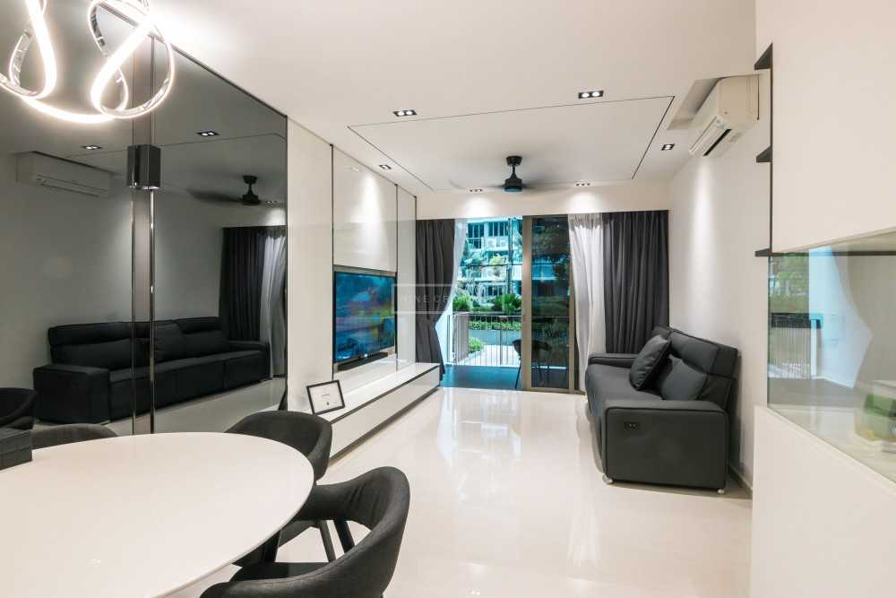 Contemporary Living Room with Homogeneous Tiles and TV Console