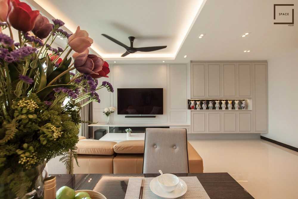 Modern Living Room with Homogeneous Tiles and TV Console