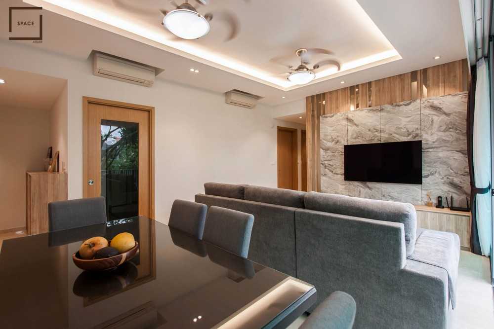 Modern Living Room with Homogeneous Tiles and TV Console