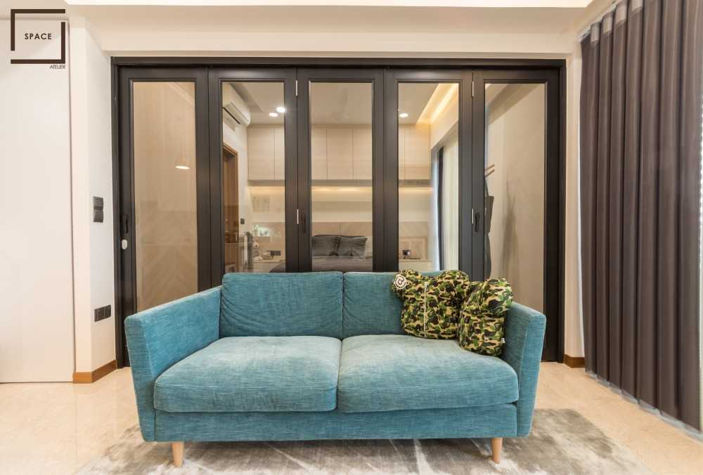 Contemporary Living Room with Carpet and Downlights