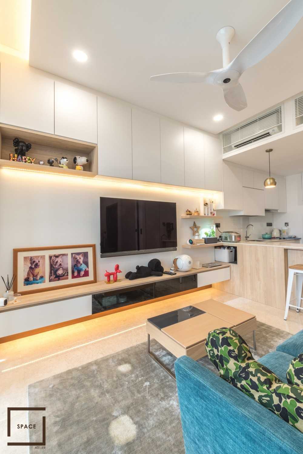 Contemporary Living Room with Homogeneous Tiles and TV Console