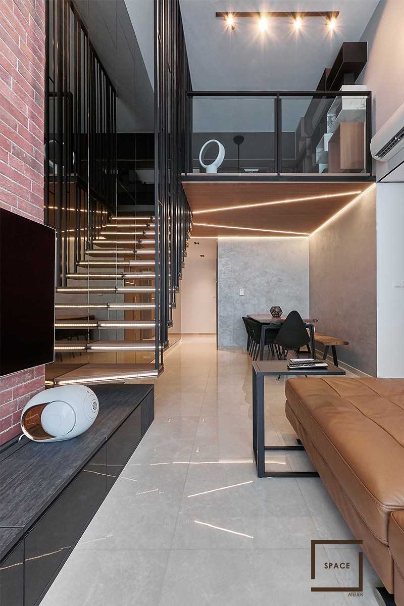 Industrial Living Room with Homogeneous Tiles and TV Console