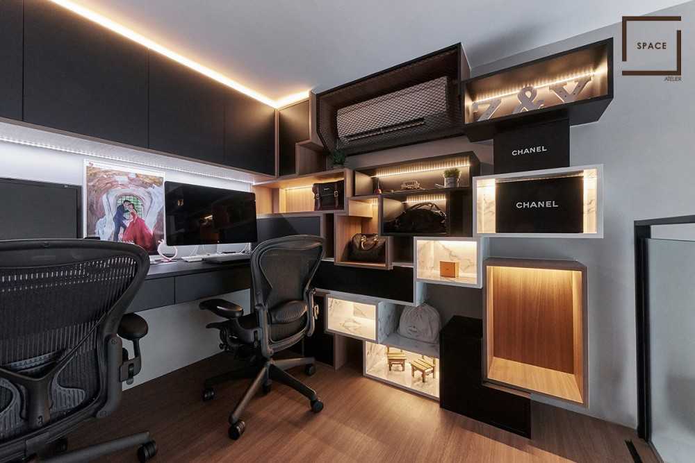 Industrial Home Office with Desk Chairs and Storage Cabinets