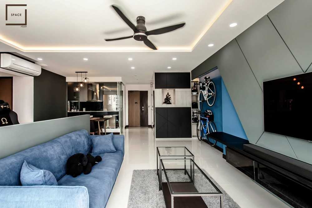 Contemporary Living Room with Homogeneous Tiles and TV Console