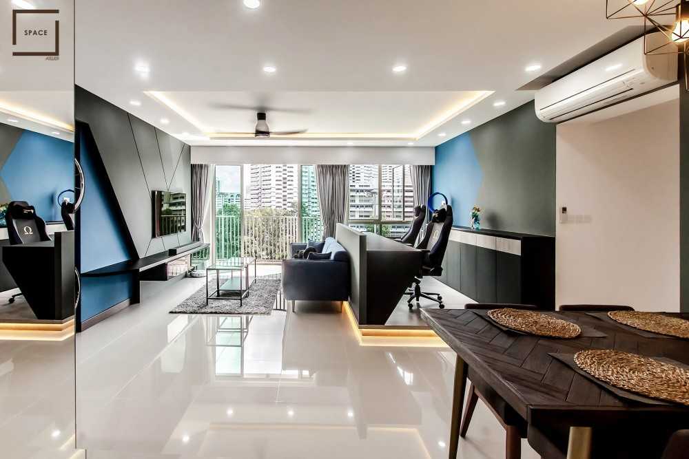 Contemporary Living Room with TV Console and Cove Lighting
