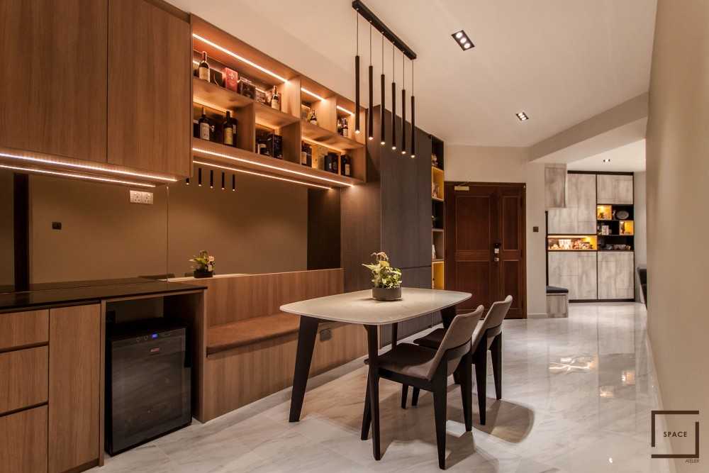 Contemporary Dining Room with Chandelier and Downlights