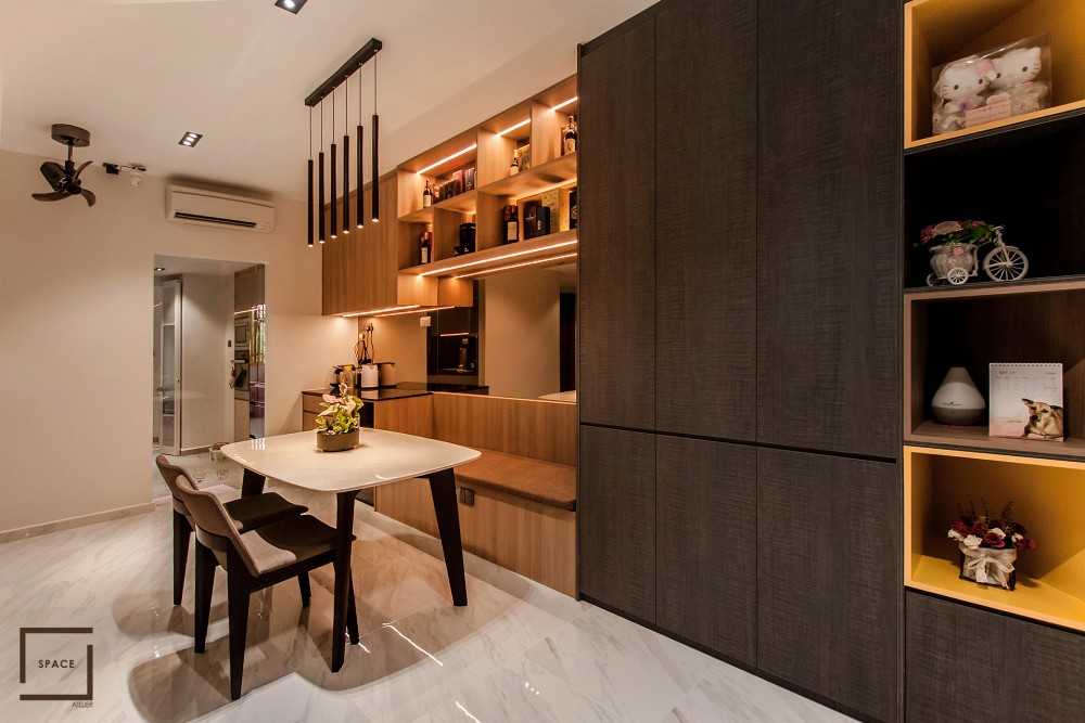 Contemporary Living Room with Granite Floor and Chandelier