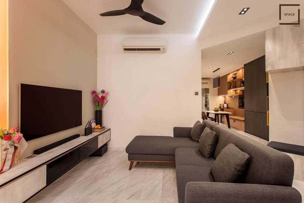 Contemporary Living Room with Granite Floor and TV Console