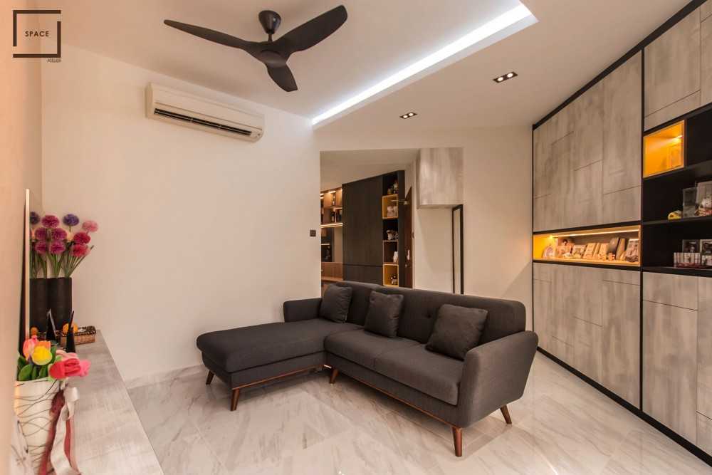 Contemporary Living Room with Granite Floor and Downlights
