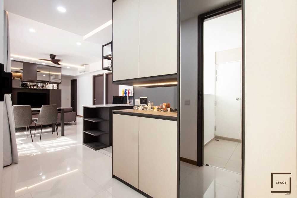 Contemporary Living Room with Homogeneous Tiles and TV Console