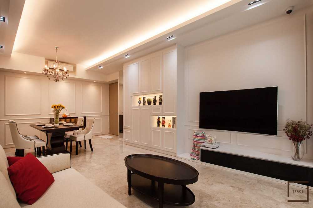 Modern Living Room with Homogeneous Tiles and TV Console
