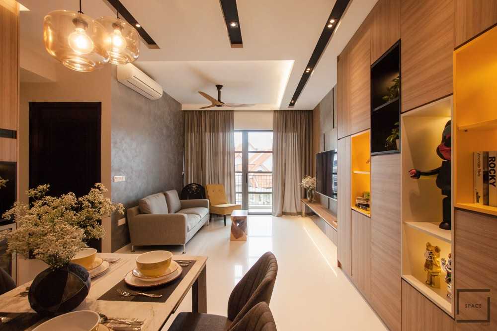 Contemporary Living Room with Granite Floor and Ceiling Light