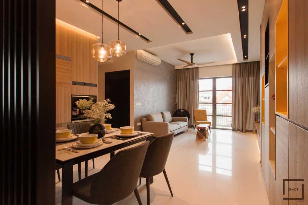 Contemporary Living Room with Granite Floor and Chandelier