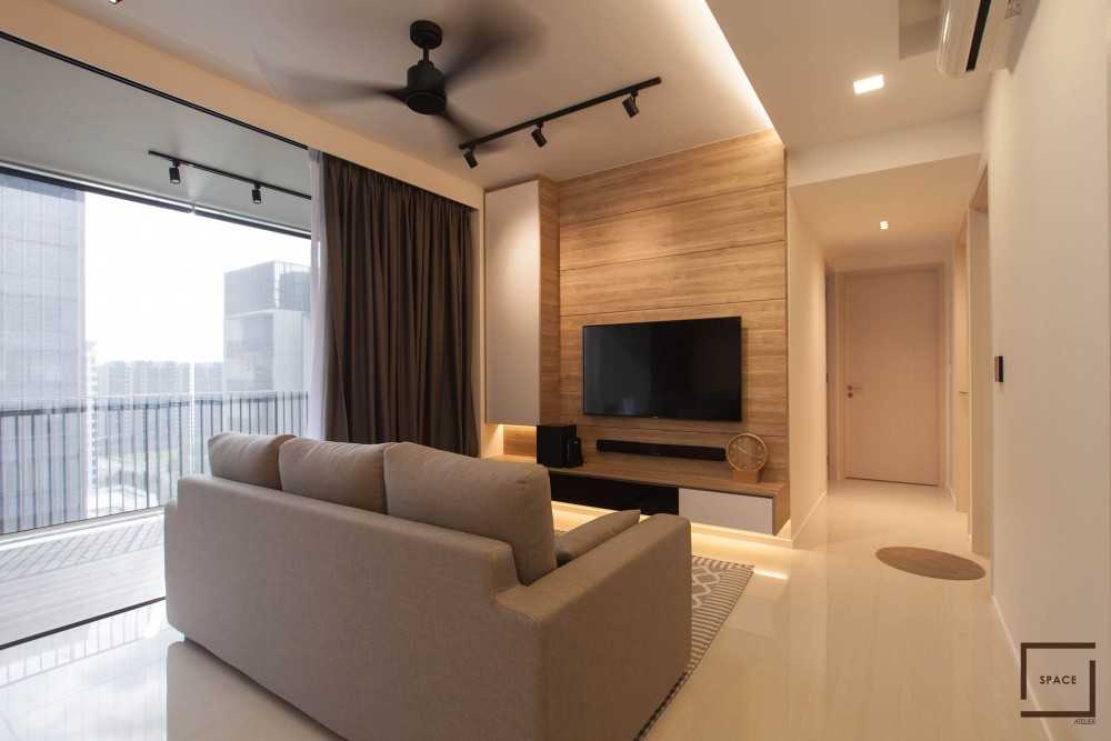 Scandinavian Living Room with Homogeneous Tiles and Sofa
