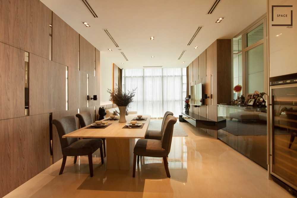 Modern Dining Room with Granite Floor and Ceiling Light