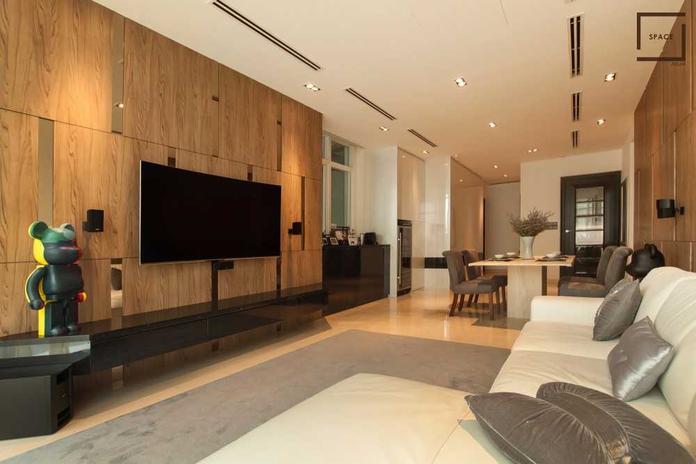 Modern Living Room with Granite Floor and TV Console