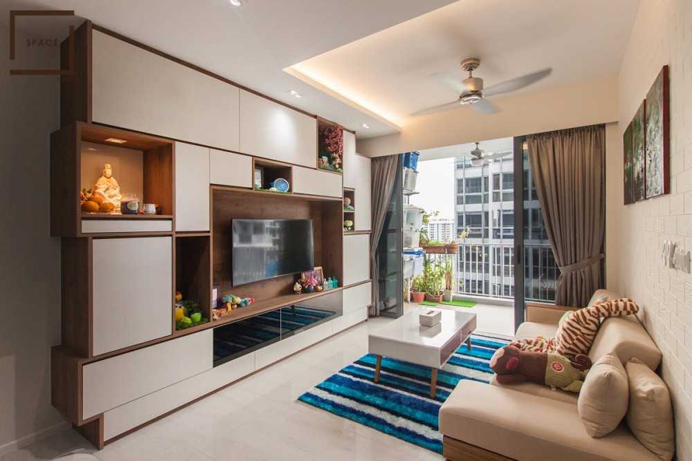 Scandinavian Living Room with TV Console and Drop Ceiling