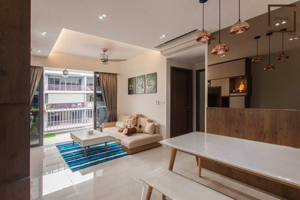 Scandinavian Living Room with TV Console and Drop Ceiling