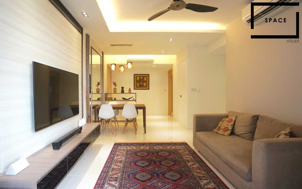Contemporary Living Room with Homogeneous Tiles and TV Console