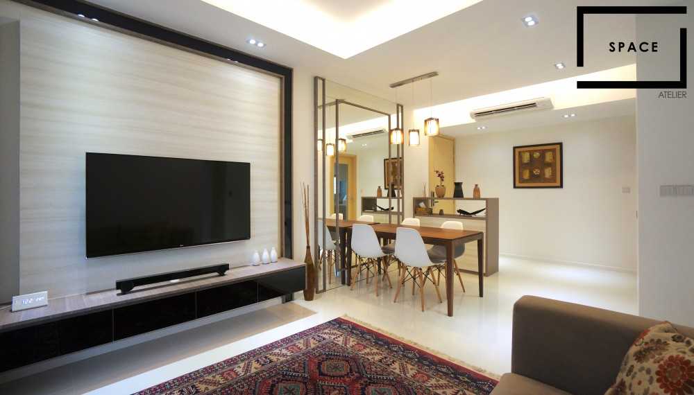 Contemporary Living Room with Homogeneous Tiles and TV Console