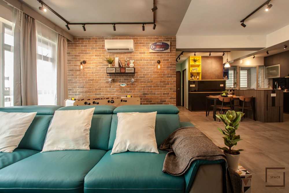 Industrial Living Room with TV Console and Feature Wall