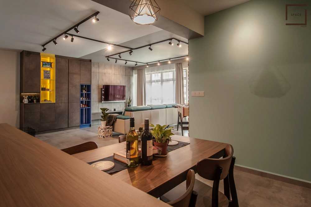 Industrial Dining Room with Drop Ceiling and Downlights