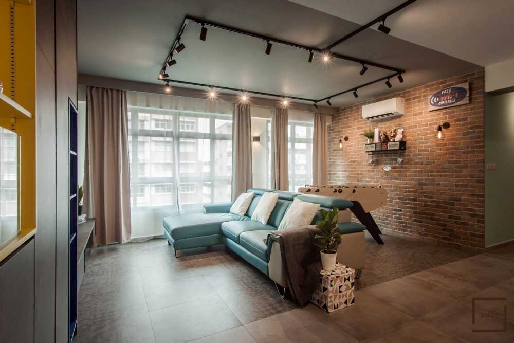 Industrial Living Room with TV Console and Feature Wall