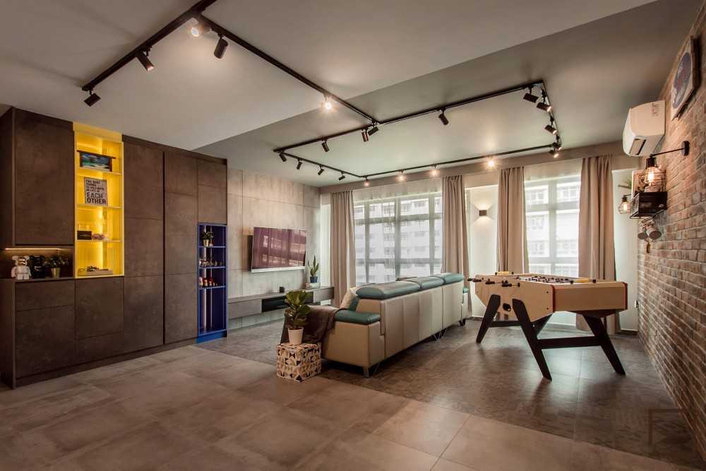 Industrial Living Room with Bookshelf and Mirror
