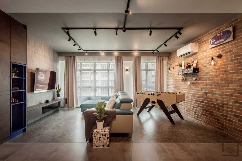 Industrial Living Room with TV Console and Feature Wall
