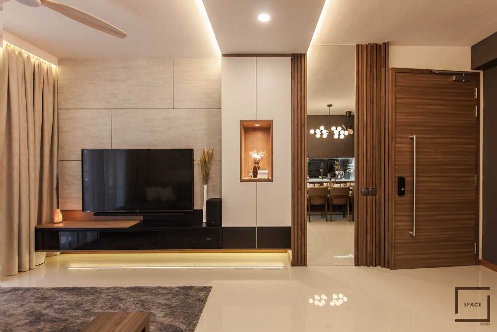 Contemporary Living Room with Homogeneous Tiles and TV Console