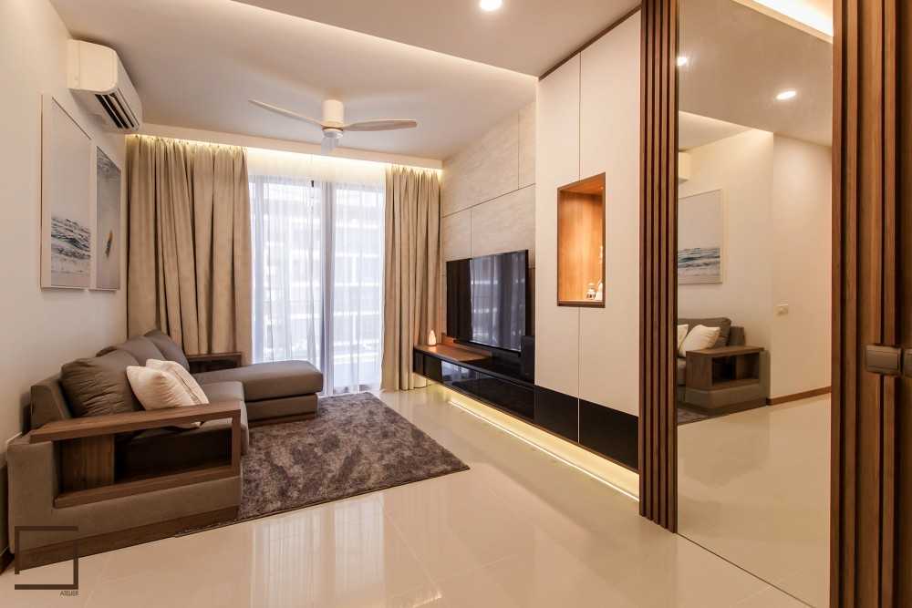 Contemporary Living Room with Homogeneous Tiles and TV Console