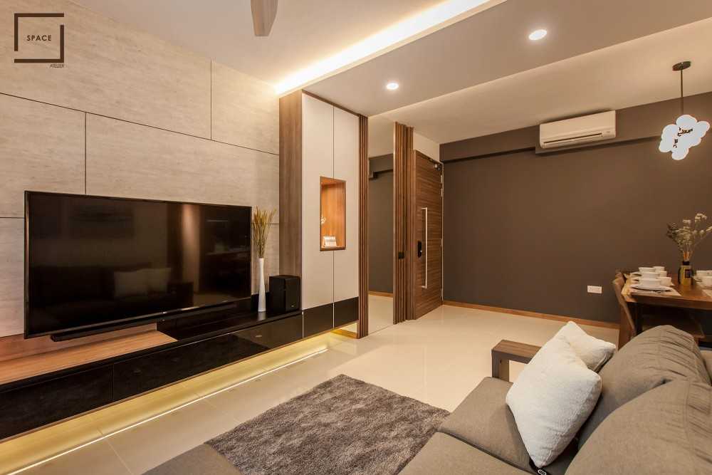 Contemporary Living Room with Homogeneous Tiles and Ceiling Light