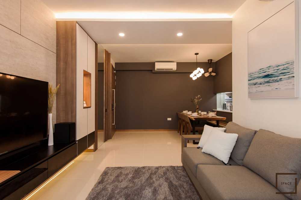 Contemporary Living Room with Homogeneous Tiles and TV Console