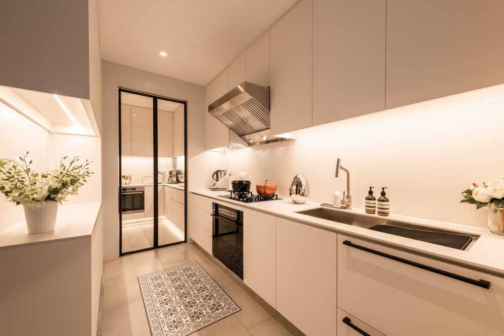 Scandinavian Kitchen with Countertop and Kitchen Backsplash