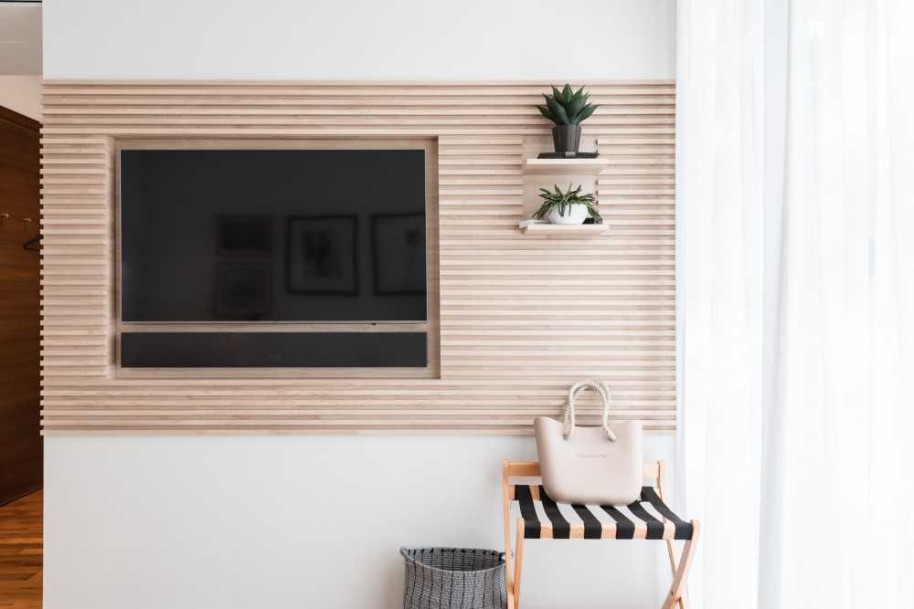 Scandinavian Bedroom with Feature Wall and Wood Feature Wall
