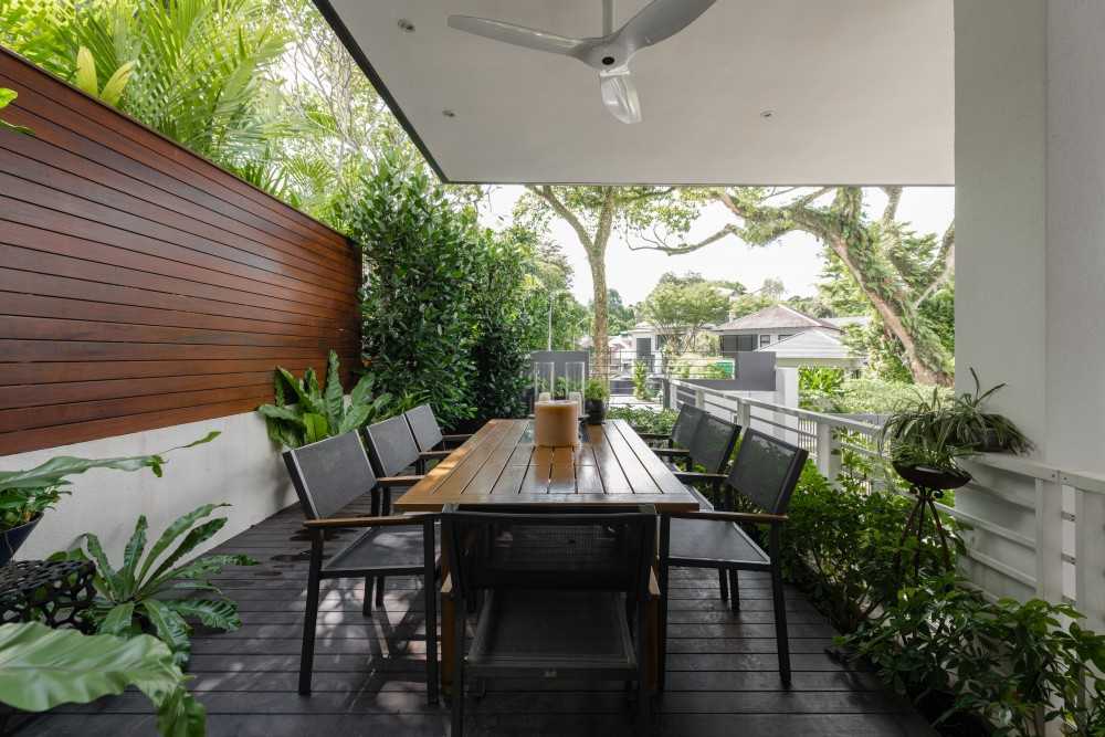 Scandinavian Outdoor with Metal Gate and Landscaping