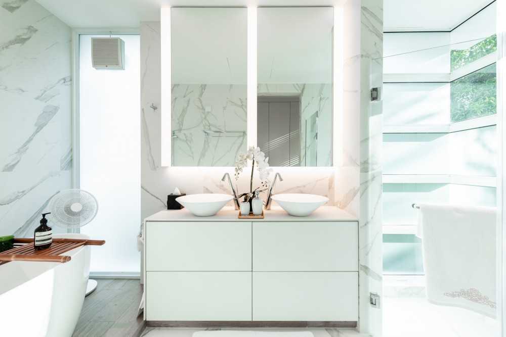 Scandinavian Bathroom with Countertop and Feature Wall