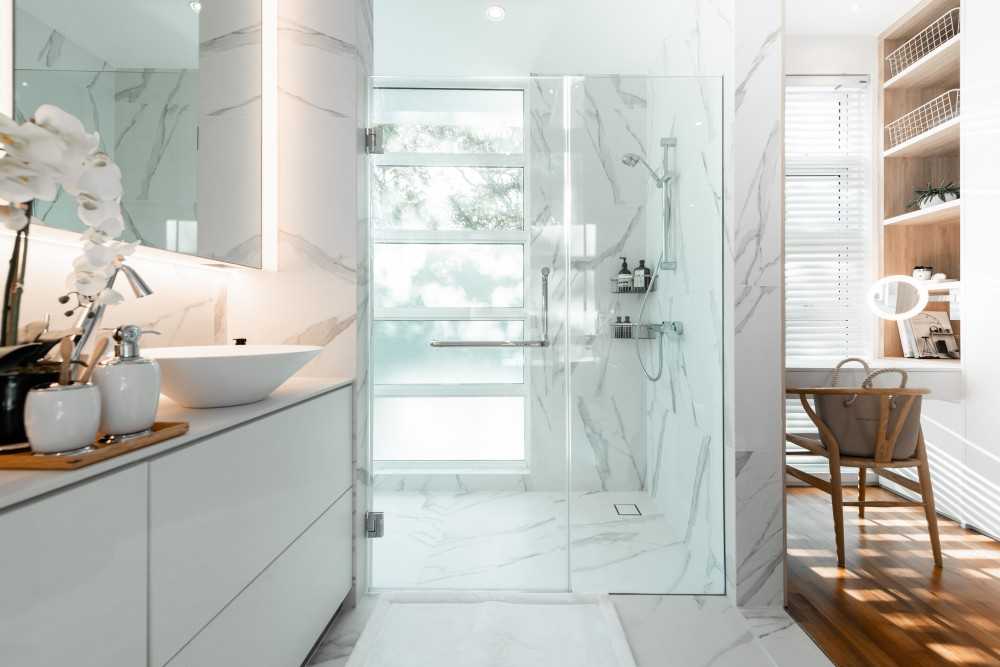 Scandinavian Bathroom with Feature Wall and Mirror