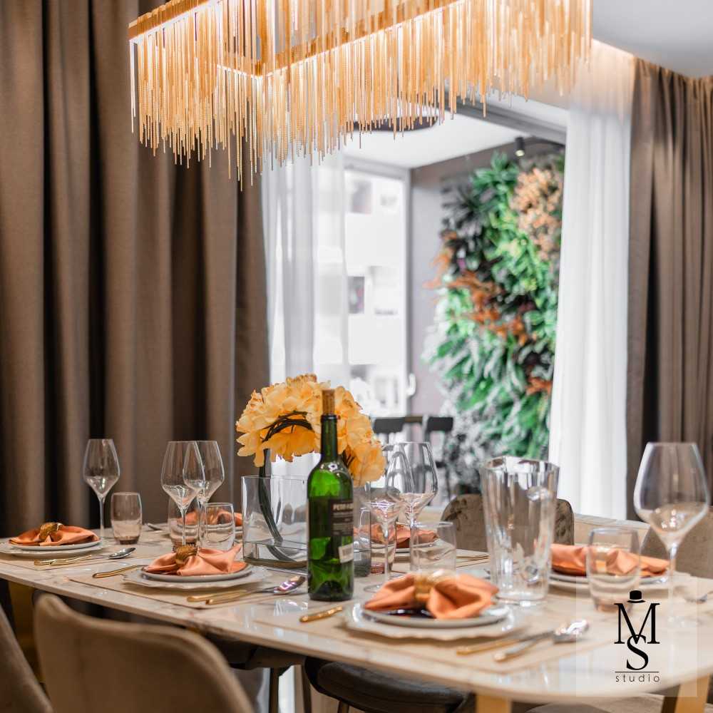 Modern Dining Room with Ceiling Light and Chandelier