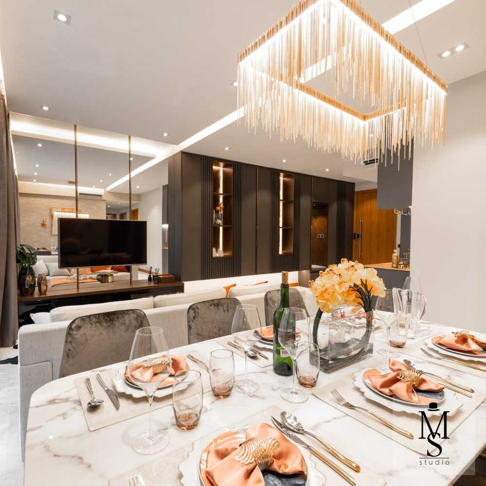 Modern Dining Room with Chandelier and Downlights