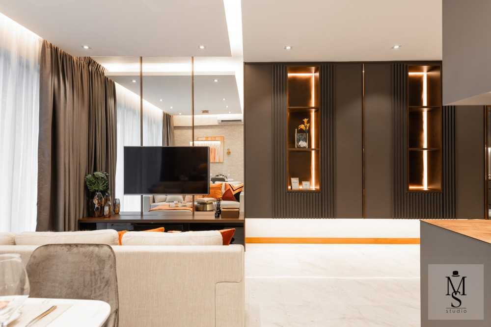 Modern Living Room with Bookshelf and TV Console