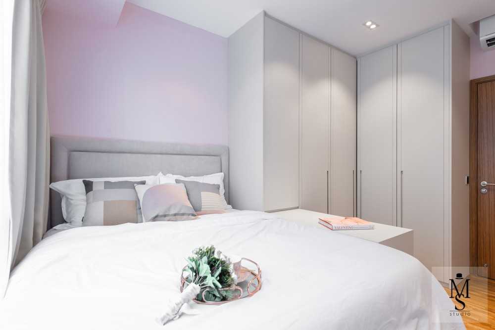 Modern Bedroom with Parquet Floor and Ceiling Light
