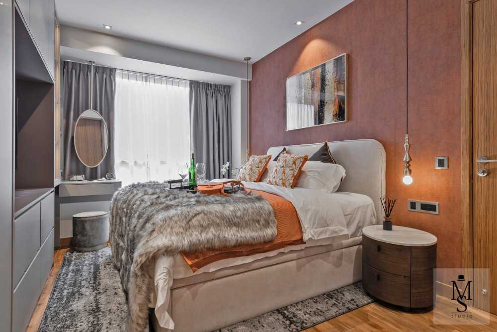 Modern Bedroom with Parquet Floor and Bedside Table