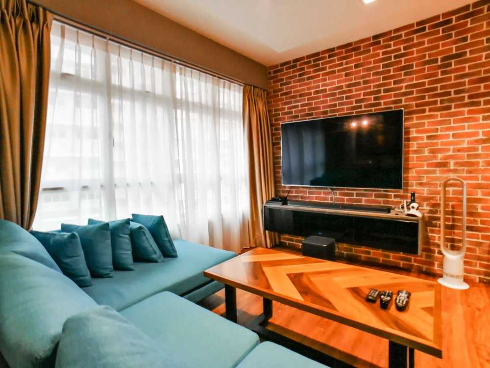 Transitional Living Room with TV Console and Feature Wall