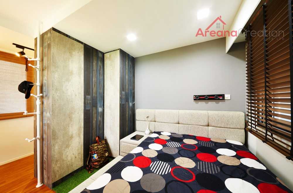 Industrial Bedroom with Wood Flooring and Built-in Bed