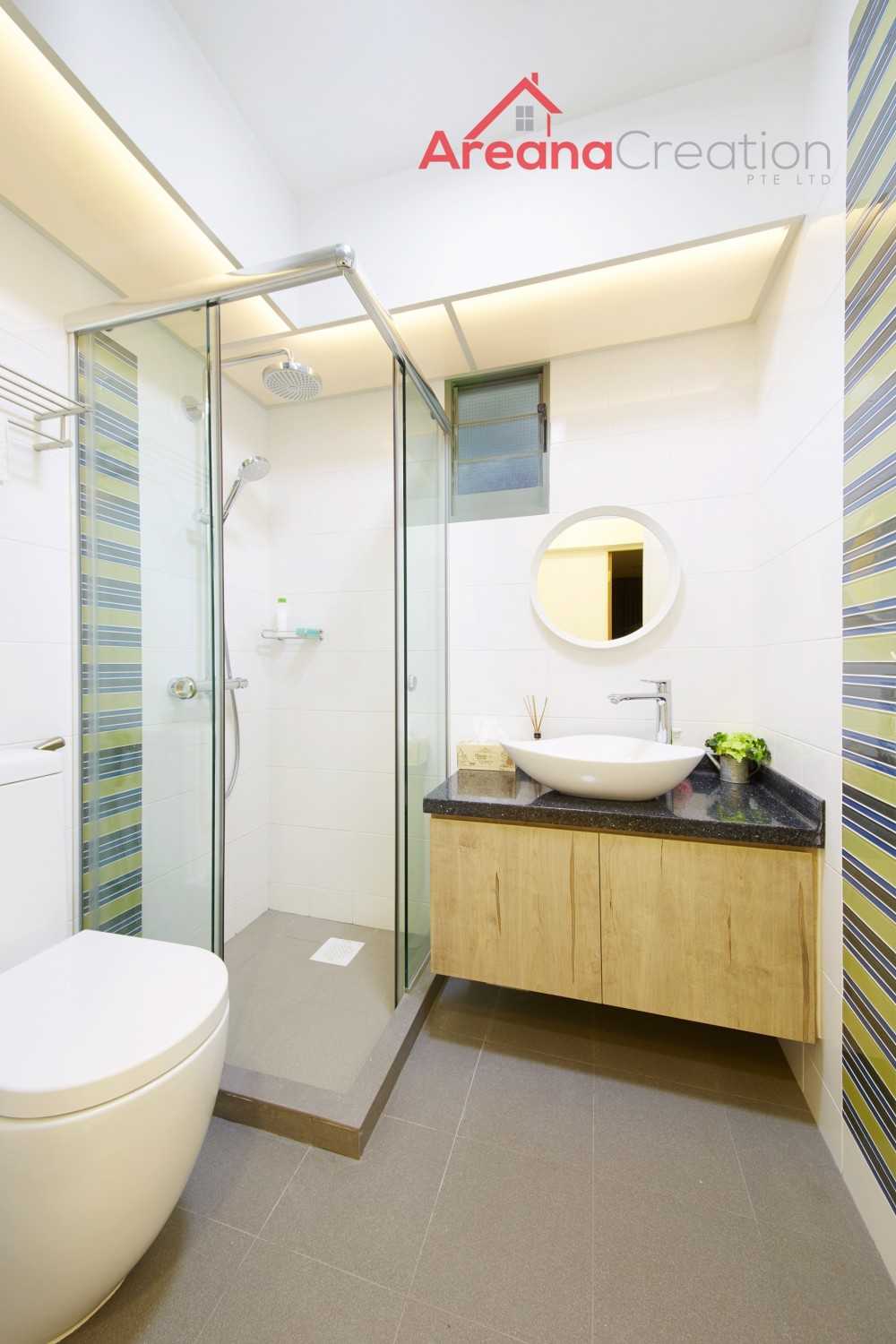 Contemporary Bathroom with Wood Flooring and Mirror