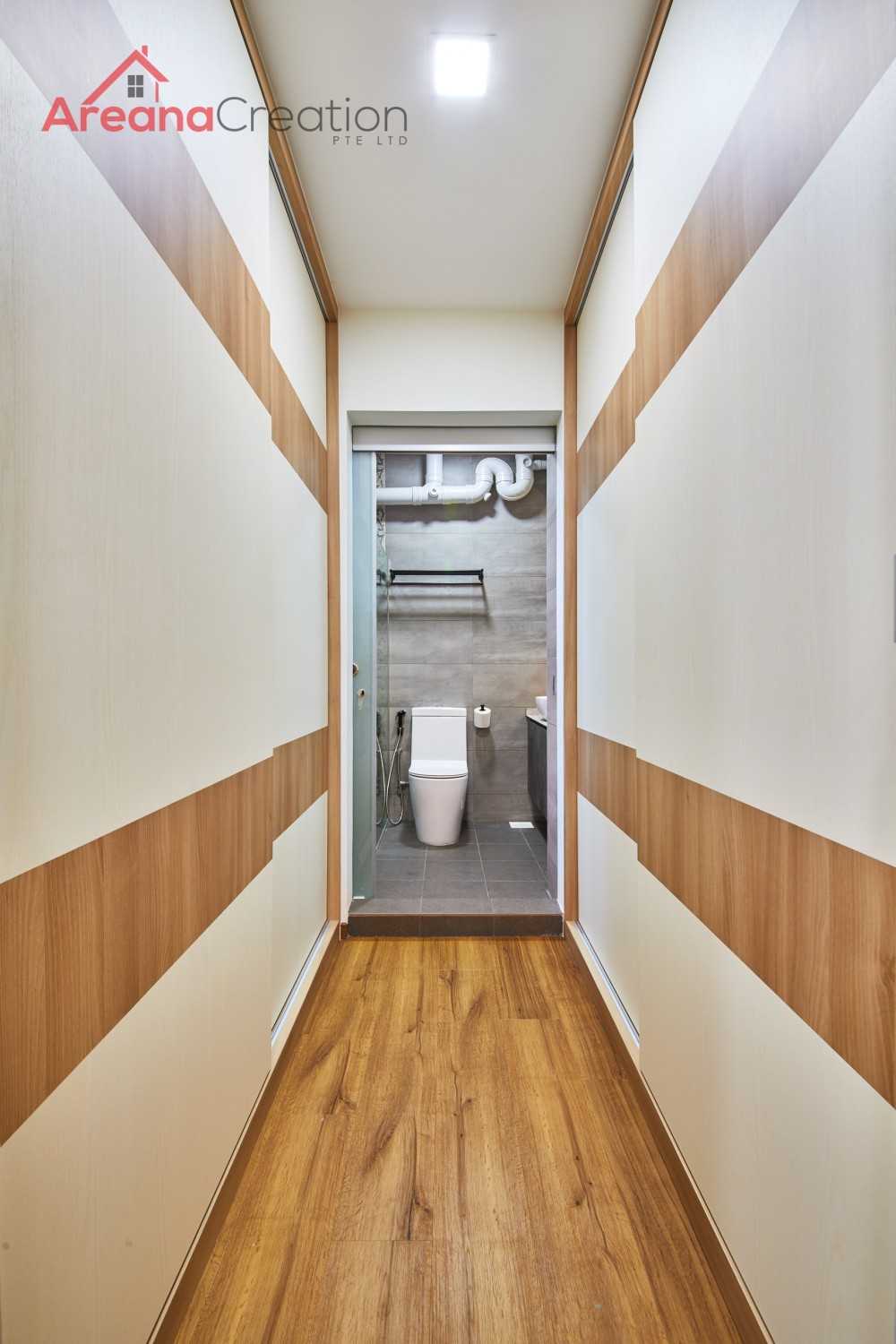 Scandinavian Bathroom with Homogeneous Tiles and Parquet Floor