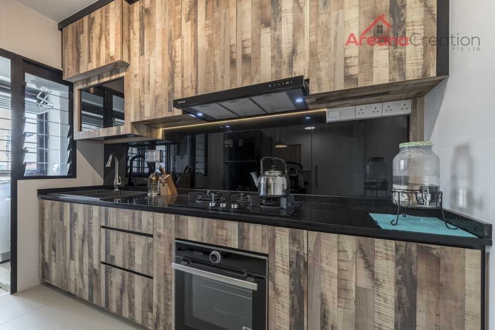 Industrial Kitchen with Wood Flooring and Kitchen Window