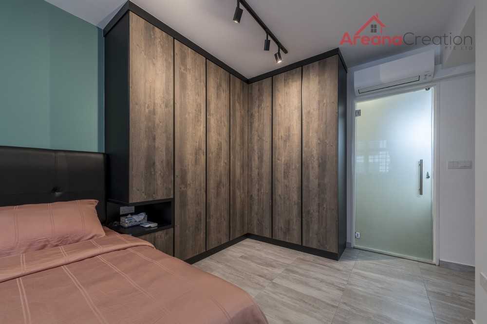 Industrial Bedroom with Wood Flooring and Wardrobe